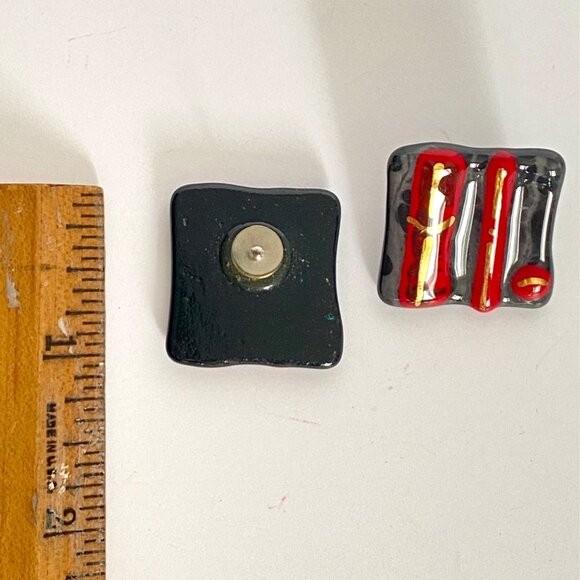 Abstract Geometric Fused Glass Gray Red Gold Black Lightweight Pierced Earrings - Picture 7 of 8